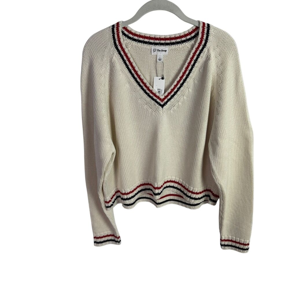 The Drop Women's Sweater Size Large Ivory w/Striped Neckline V-Neck NEW